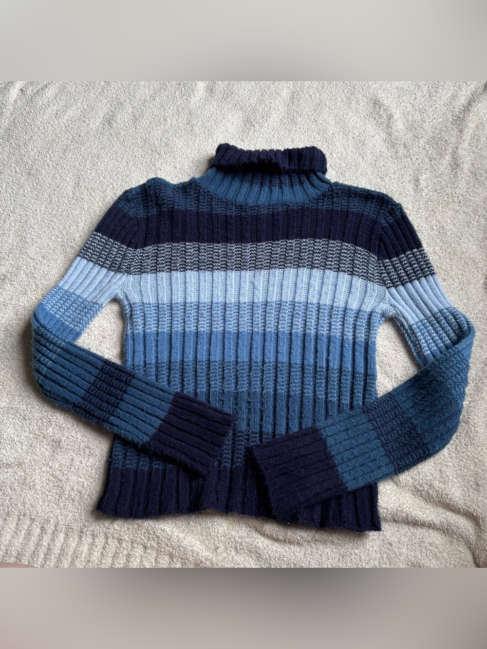 It's Our Time Striped Ribbed Turtleneck Sweater - Navy & Light Blue